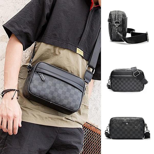 Herr Casual Rutig Axelväska Läder Crossbody Väska Justerbar Rem Messenger Bag