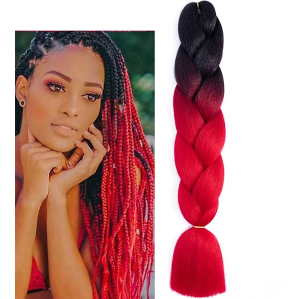 Flettehår Extensions Flettehår Mote Syntetisk Flette Hår Extensions for Kvinner Fletting Farget Hår for Fletting DIY Parykker Cosplay black+red