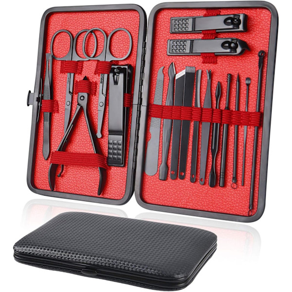 Nagelklippare, 18 st Manikyr Pedikyr Set, Nagelsaxar Nagelbandsborttagare för Män Kvinnor, Rostfritt Stål Nagel Vård Grooming Kit med Läderfodral red 18