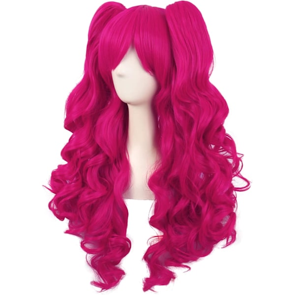 70 cm Lolita Lång Lockig 2 Hästsvansar Clip on Cosplay Peruk (Hot Pink) pink