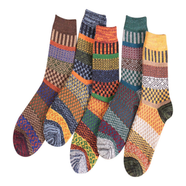 5 par efterår vinter nordiske sokker tyk strikket to-vejs farverige mønster crew sokker mænd kvinder
