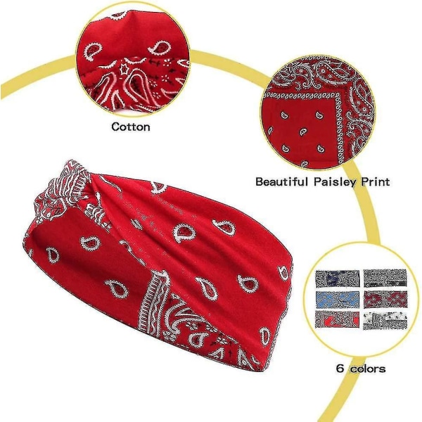 6 st pannband - Paisley Bandana Pannband för kvinnor, Lmell Elastisk Bomull Turban Bred