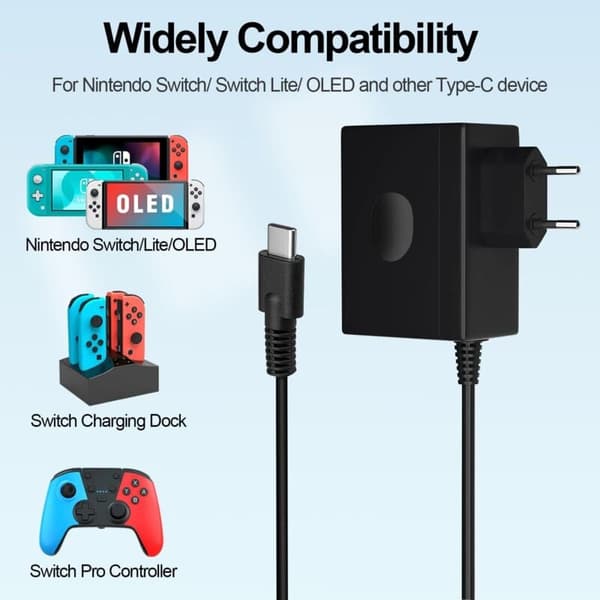 Portable biltilbehør, Switch-lader for Nintendo Switch/Switch OLED/Switch Lite, 15V 2.6a strømadapter hurtiglading
