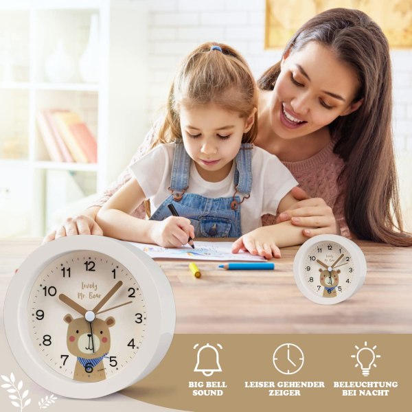 Lasten herätyskello, tytöt, kannettavat analogiset herätyskellot sängyn vieressä tikittämättömät akkukäyttöiset, äänekkäät lasten kellot