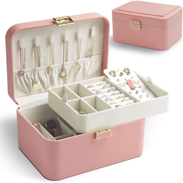 2-lags Luksus Smykkeskrin i Læder til Øreringe, Armbånd, Ringe & Halskæder, Blødt Velourforet Organizer med Gaveæskeemballage pink