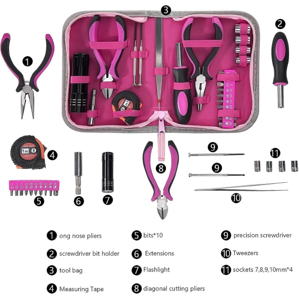 Pink Tool Kit 23 Pieces Women Home Tool Set With Tape Measure Pliers Cutting Pliers Sockets Screwdrivers For Diy And Home Repair Office