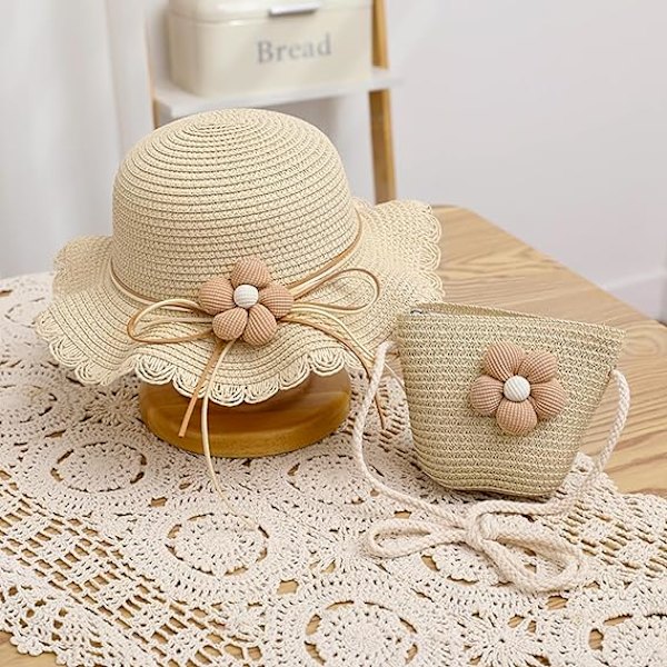 Jentesolhatt og miniveske-sett, sommerstrand stråhatt og miniveske-sett, blomsterstråhatt for barn jenter ferie utendørs 54cm