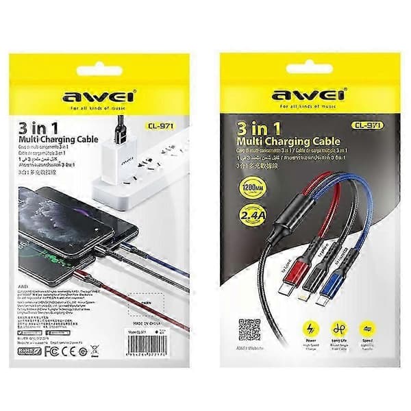 awei CL-971 3 in 1 1,2 m 2,4 A USB - 8 Pin + Micro USB + USB-C / Type-C -monilatauskaapeli