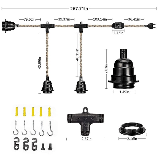 E27 2-leder lin elektrisk kabel tvinnet elektrisk kabel for lysarmaturer med justerbar bryter og 6,8 m lampestikk (tre lampestikk)