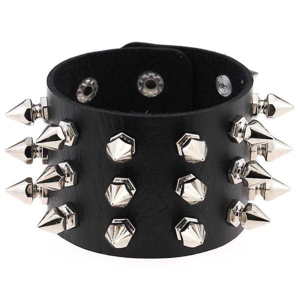 Three Row Rivet Stud Wide Cuff Pu Leather Punk Gothic Rock Bracelet Gift Black
