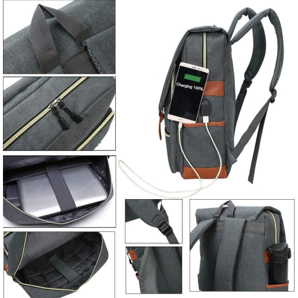 College rygsæk Max 15,6 tommer bærbar afslappet rygsæk Vandtæt Business Travel Skole rygsæk rygsæk med USB Unisex (grå) Gray