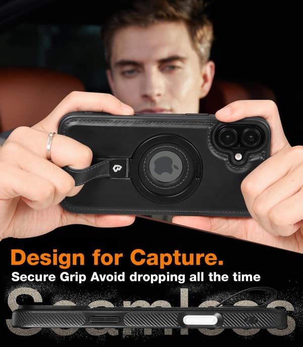 Magnetic Ring Grip Holder for Phone Case | Protective Leather Phone Case | MagSafe Compatible | Built-in Stand iPhone 16 Plus black