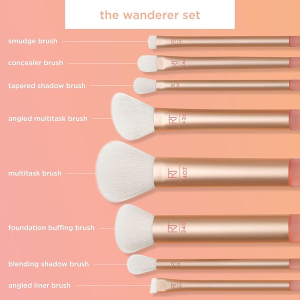 The Wanderer Make up Børstesæt, Premium og Professionelt 8 Midi-størrelse Børstesæt med Taske, Bløde Børstehår, Foundations, Pudder pink