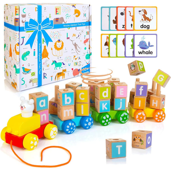 Træstabeltog - Baby Block Pull Toy med formsortering Tidlig uddannelseslegetøj til småbørn drenge piger