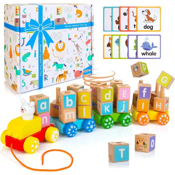 Trestablet togleke - Baby Block Pull Toy med Shape Sorter tidlig utdanning leke for små gutter jenter