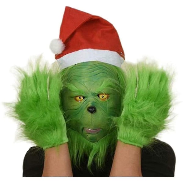 Grøn Grinch Maske Santa Grinch Cosplay Maske Med Handsker Julekostume Cosplay Rekvisitter Mask and Hat