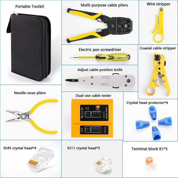 Nettverksreparasjonstenger Rj45 Rj11 Rj12, Verktøysett med kabeltester, Fjæرتenger, Krympetenger