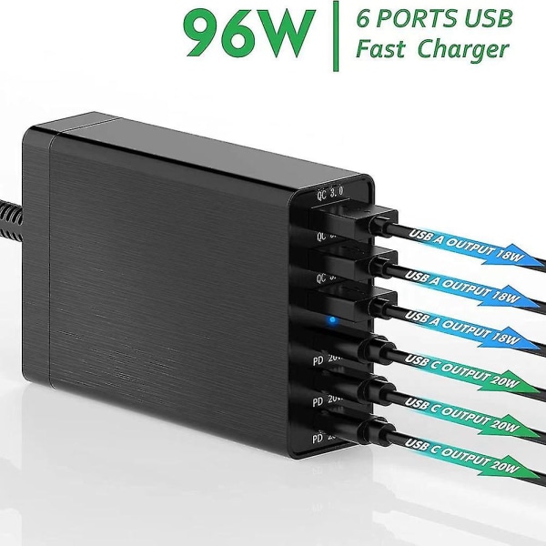 96w 6-ports stationär USB laddningsstation med 3 usb-c-portar och Qc3.0-portar, 20w snabbladdare Eu Plus