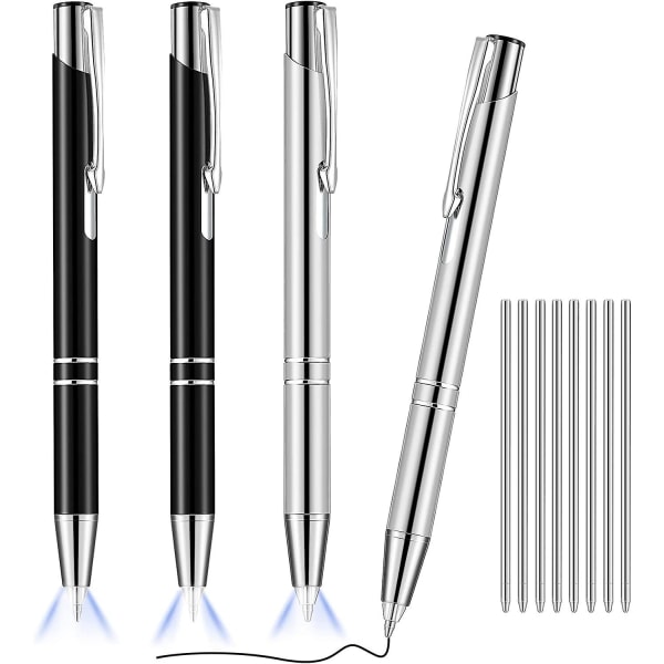 4 stykker lysende spiss penn metall kulepenn med lysende LED opplyst penn svart gave