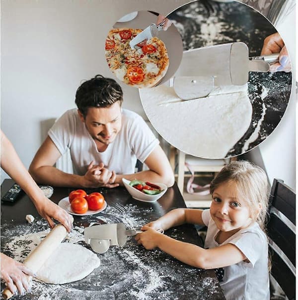 2-delt kjøkkenpizzakutter i 4-i-1 multifunksjon rustfritt stål for å kutte pizza