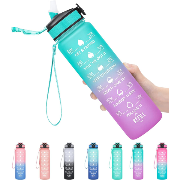 1 liter Motivational Fitness Sport vandflaske med halm & Time Maker, Lækagesikker