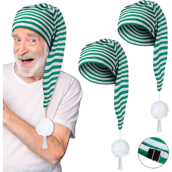 2 stk mænds nathue stribet pyjamas hat Justerbare sovehætter med pombold til festartikler Grøn og hvid Green and White