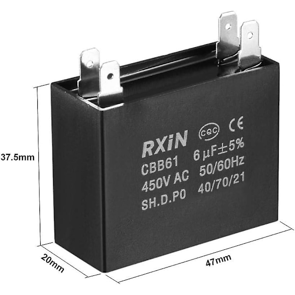 Takfläktkondensator Cbb61 6uf 450v Ac Dubbel Insatt Metalliserad Polypropylen Filmkondensator 47x20x37.5mm För Generator Motor Pump
