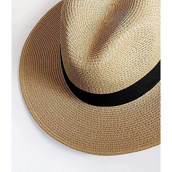 Solhattar för kvinnor och män, justerbar sommar Panama Fedora bredbrättad hatt UV UPF 50+, hopfällbar packbar stråhatt för stranden (khaki)