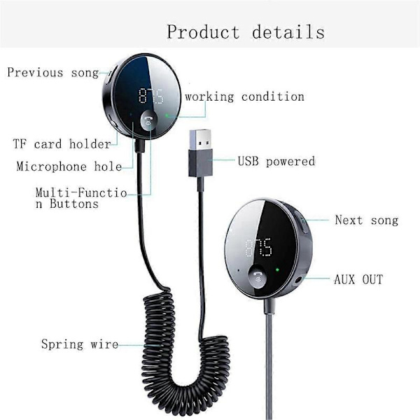 Bluetooth FM-sender til bil, Bluetooth AUX-adapter, Bluetooth-modtager til bilmusik/håndfri Black