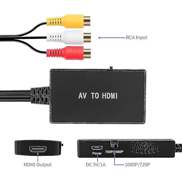 RCA til HDMI-konverter, komposit til HDMI-adapter understøtter 1080p Pal/ntsc