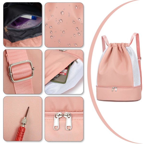 Gymtaske med snoretræk Daypack, vandtæt rygsæk med skorum og vådrum, stor sportstaske - pink