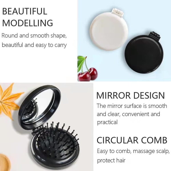 Sammenleggbar hårbørste med speil for veske/lomme, rund mini kompakt massasjekam for jenter og kvinner (svart+hvit)