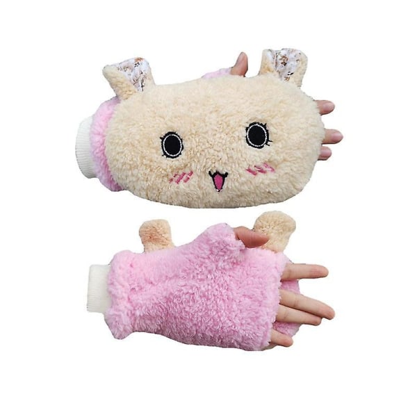 Vinter plys fleece-foret fortykkede søde halvfinger bomuld kuldesikre touch screen handsker til studerende Pink cat