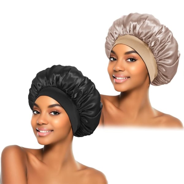 2kpl silkkihuppari nukkumiseen, satiiniset hiushupit, pehmeä kuminauha, silkkimainen cap, naisten hiuskääre (musta kulta)