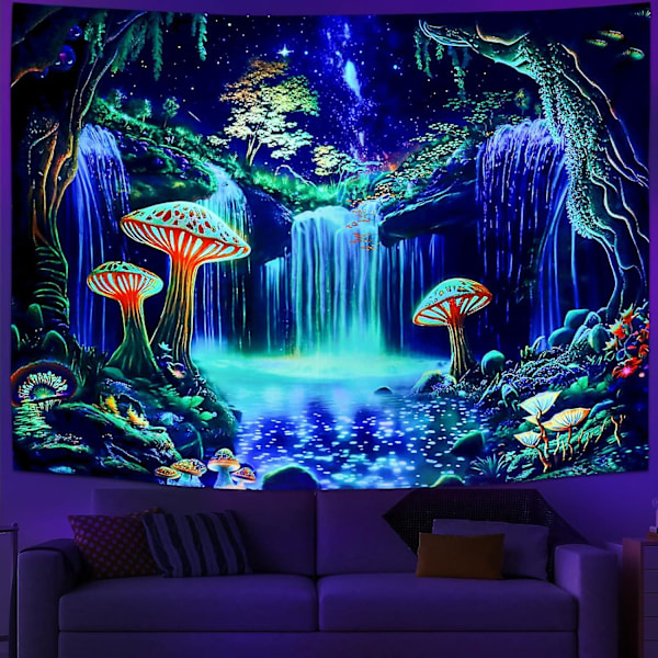 Fantasy Forest Tapestry UV Reactive Waterfall Tapestry Psychedelic Starry Sky Tapestry Neon Natural Plant Tapestry Home Wall Hanging Decoration (W59.