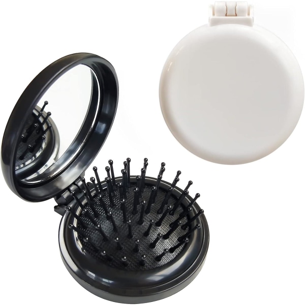 Sammenleggbar hårbørste med speil for veske/lomme, rund mini kompakt massasjekam for jenter og kvinner (svart+hvit)