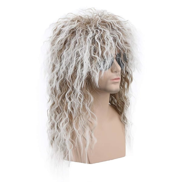 Men And Women Long Curly Brown Gradient White Wig 70s 80s Rocker Mullet Party Funny Wig Costume Wig