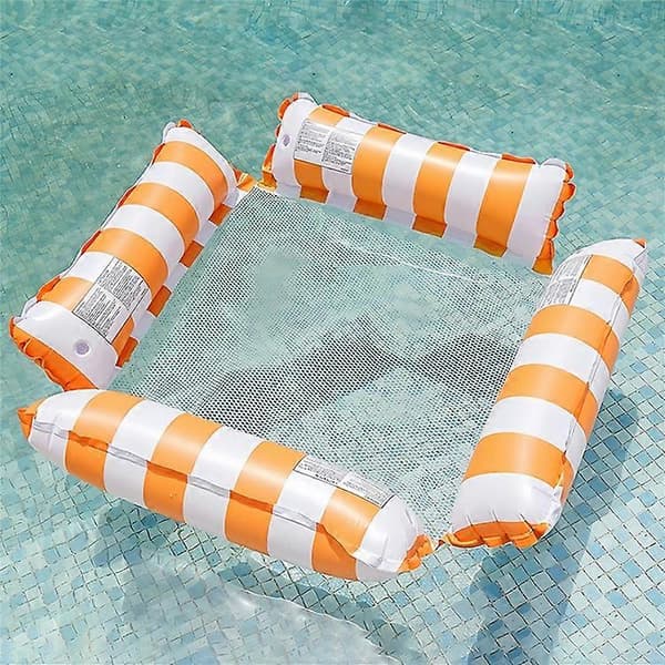 Oppustelig flydende liggestol foldbart ryglæn stribet vandhængekøje til voksne poolflyder 4-rørs design Orange