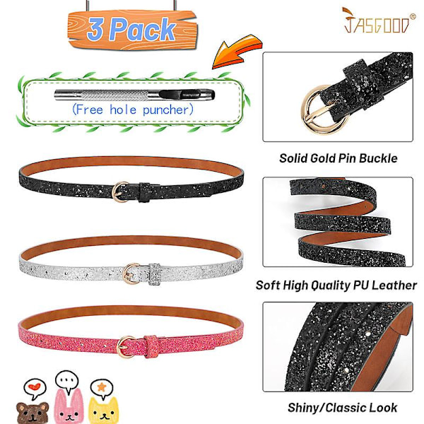 Jasgood 4/3 Pack Barnbälte Mode Glitterbälte, Sött Blankt PU-Läderbälte För Flickor Och Pojkar 3PC-A 80cm(31.5Inch)