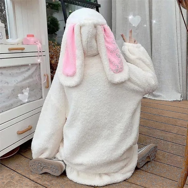 Kvinner Søt Bunny Ear-hettegenser Fuzzy Fluffy Rabbit Genser Sweatshirt Pullover Topper Langermet Kawaii