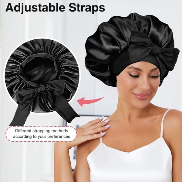 Satin Bonnet, Silke Søvn Bonnets til Kvinder, Justerbar Satin Nattehætte Blød Elastisk Bånd Silke Bonnets til Sovning, Hår Bonnet med Bindebånd black