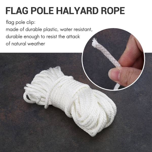 50 fot x 1/4 tum flaggstång fallrep med 4 stycken flaggstångsklämmor, utomhus flaggstångstillbehör white