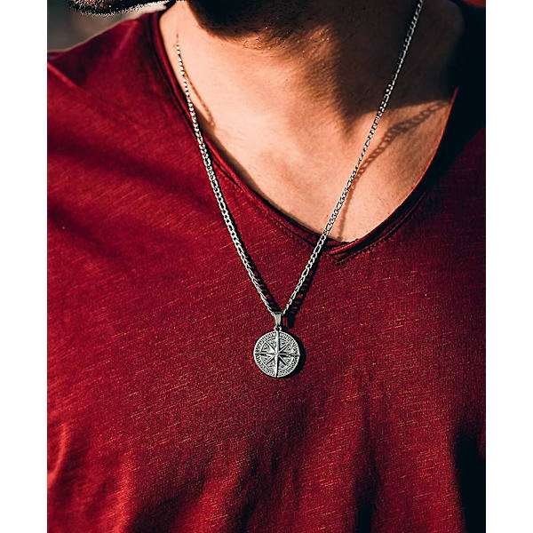 Halsband med kompasshänge i rostfritt stål med silver/svart/guldpläterad kedja - Acsergery