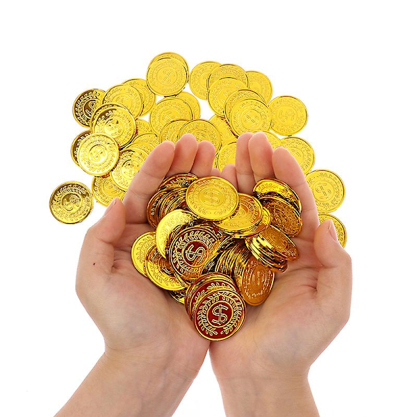 100 st/påse Guld Falska Mynt Glimmande Pirat Plastmynt Fest Spel Valuta Leksaker