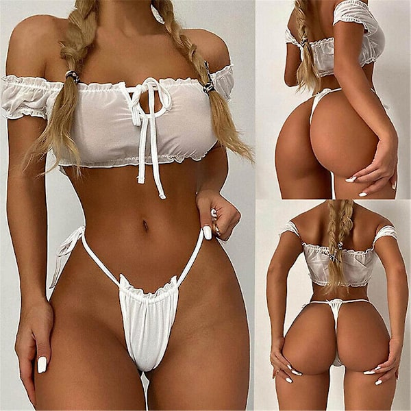Sexy dameundertøysett Off-shoulder Crop Top med Thongs Underwear Sleepwear White L