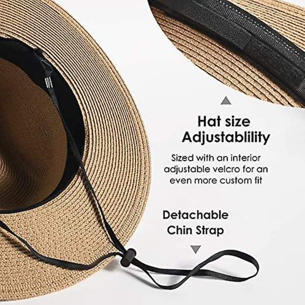 Solhattar för kvinnor och män, justerbar sommar Panama Fedora bredbrättad hatt UV UPF 50+, hopfällbar packbar stråhatt för stranden (khaki)