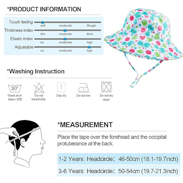 nisex Bucket Hat Barnhatt Solhatt, UPF50 Solskydd Hopfällbar Sommar Strand Solkeps med Justerbar Hakrem, Ålder 1-6 Baby Pojkar Flickor Barn