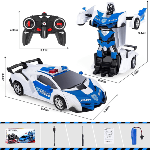 2-i-1 bil (hvit) fjernkontrollrobot, 1:18 transformerleketøy gave til gutter og jenter 3 4 5 6 7+ år, Rc bilrobotleker transformerbar 2.4ghz politibil