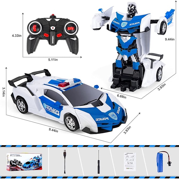 2i1 Bil (hvid) Fjernbetjening Robot, 1:18 Transformer Legetøj Gave Til Drenge Piger 3 4 5 6 7+ År Gamle, Rc Bil Robot Legetøj Transformerbar 2.4ghz Politi Bil
