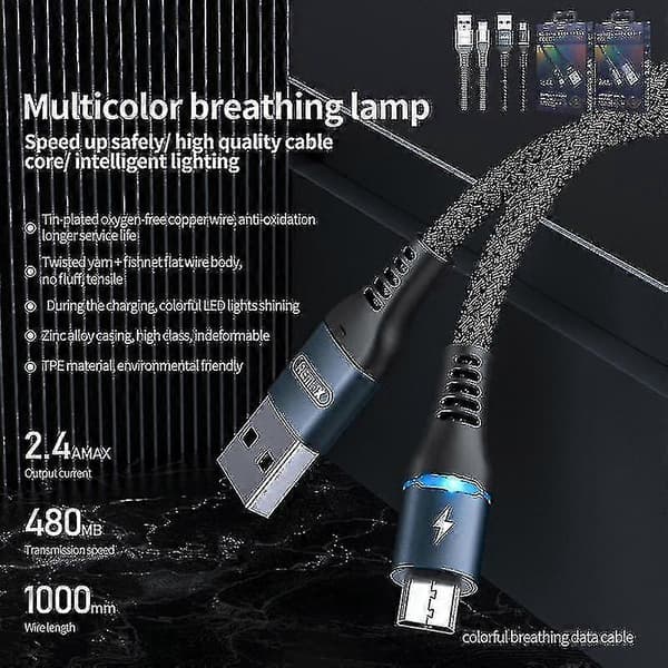 Remax Rc-152m 1m 2.4a USB til Micro USB Farverigt Åndbart Datakabel (sort)